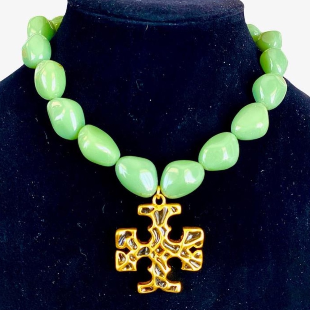 NEW Roxanne Goldtone Swirled Logo Mint Stone Statement Necklace